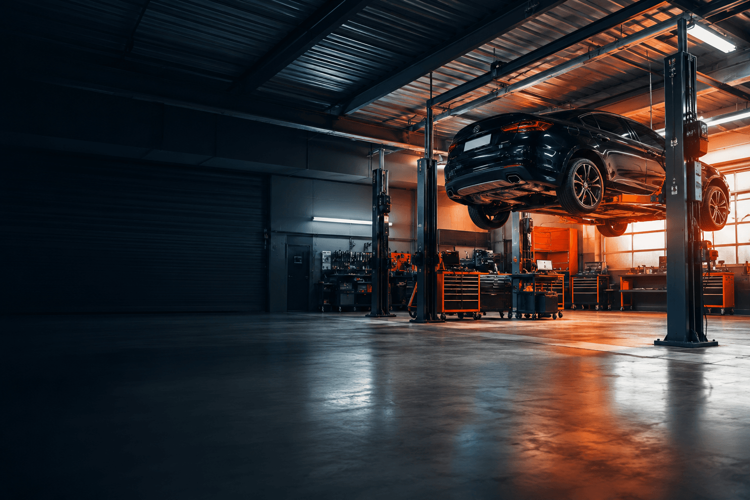 Véhicule sur pont élévateur dans notre atelier de garage automobile